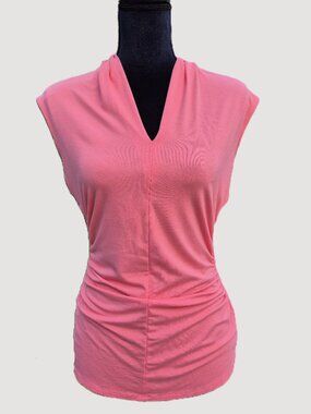 Vince Camuto Coral Pink V Neck Top with Ruching, Size M